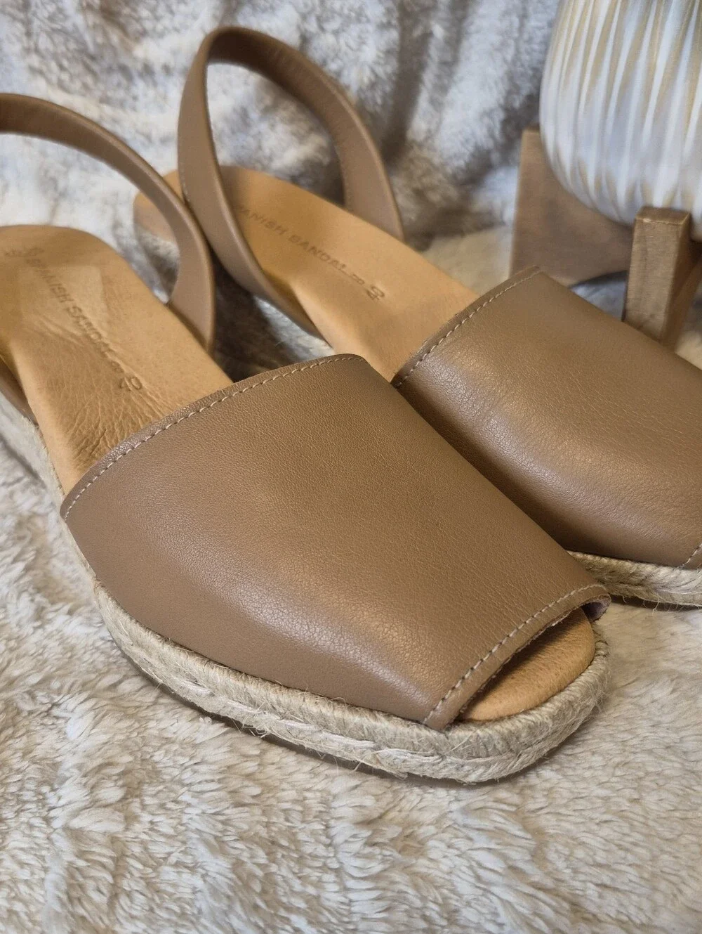 NEW Spanish Sandal Co Tan Leather Espadrille Wedge Sandals Open Toe Women's Sz 9